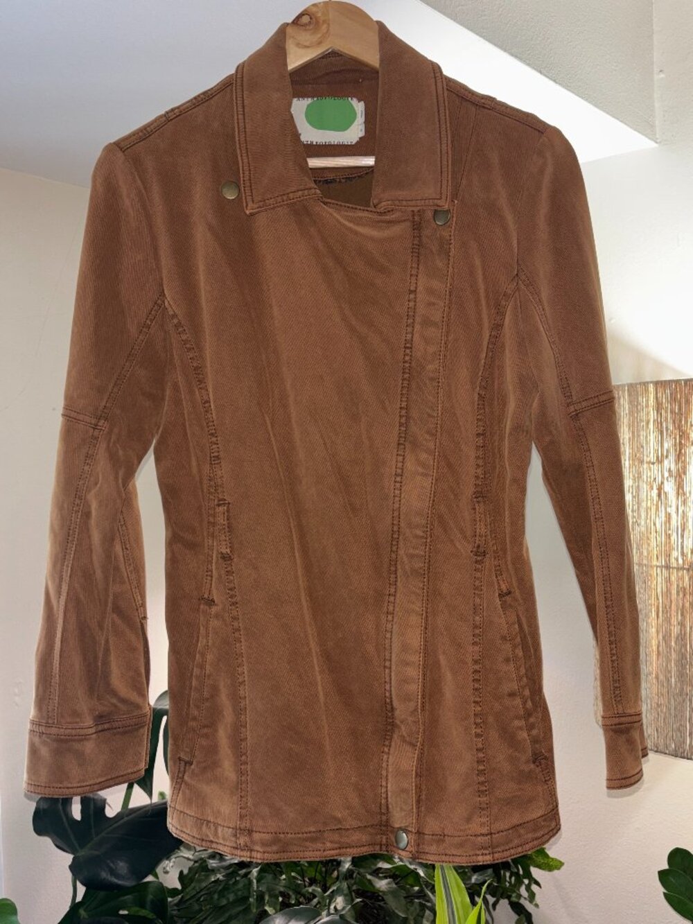Anthropologie Caramel Brown Moto Jacket Asymmetrical Zip Size L Soft Heavyweight